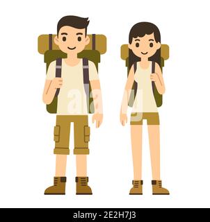 Cute cartoon couple with hiking equipment isolated on white background. Modern simple flat vector style. Stock Vector