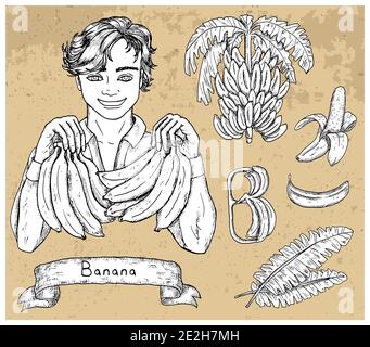 Design set with handsome man holding banana and fruits over textured background. Hand drawn engraved vector illustration, botanical collection, health Stock Vector