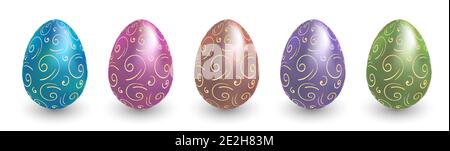 Easter eggs wtth doodle geometry patterns on white background. Vector illustration set with soft colors for holiday Easter card. Stock Vector