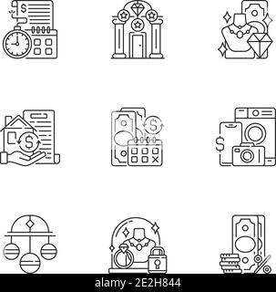 Pawnbrokery linear icons set Stock Vector