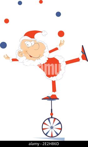 Equilibrist Santa Claus on the unicycle juggles the balls illustration. Funny Santa Claus balances on the unicycle and juggles the balls isolated Stock Vector