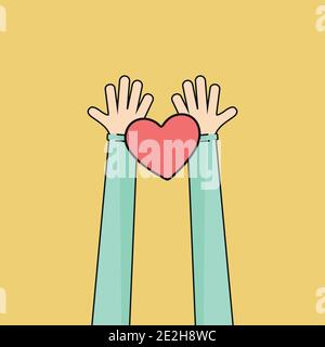 Hands holding the heart on a white background. Vector illustration. Place for your text. Stock Vector
