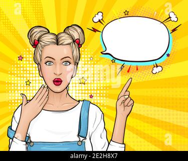 Modern surprised woman wow face. Young wonder girl with blonde hair, open mouth point finger to empty speech bubble on yellow background. Pop art retro comic vector illustration. Stock Vector