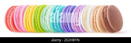 Rainbow colored macaroons in a row isolated on white background Stock Photo