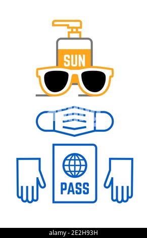 travel icons set sunglasses mask, gloves, passport Stock Vector