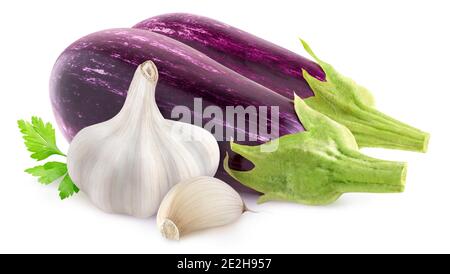 Isolated raw vegetables. Two fresh aubergines and garlic isolated on white background Stock Photo