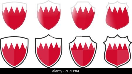 Vertical Bahrain flag in shield shape, four 3d and simple versions. Stock Vector
