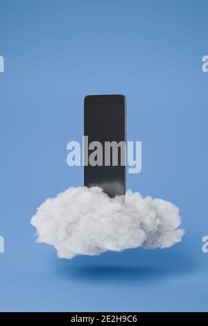 black mobile floating on a white cloud. Blue background. 3D Ilustration Stock Photo