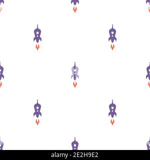 Seamless pattern with purple rocket ship silhouette on white background. Flat ornament. Vector illustration with flying rocket. Space travel, fantasy. Stock Vector