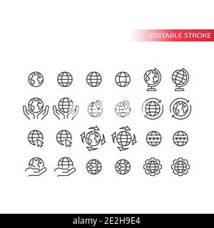 Globe for website line vector icon set. Planet Earth outline symbols, editable stroke. Stock Vector