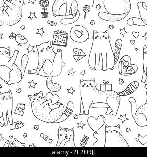 Funny doodle cats with gifts, balloons and sweets. Valentines day seamless pattern. Black and white outline vector illustration. Coloring page. Stock Vector