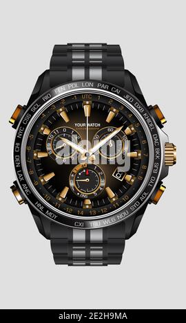 Realistic clock watch chronograph black steel gold number luxury on white background design for men on white vector illustration. Stock Vector
