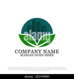 Green leaf apartment logo design vector, best for building and construction logo inspiration Stock Vector