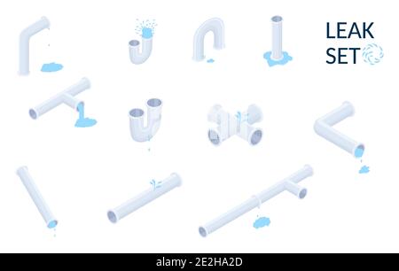 Vector isometric set of plumbing pipes with leaks isolated on white.Isometric illustration. Stock Vector