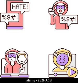 Online bullying RGB color icons set Stock Vector