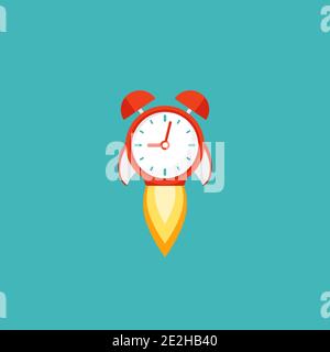 red alarm clock rocket ship with fire. time, watch, limited offer, deadline symbol. Vector illustration on blue. Time to work. Countdown shuttle Stock Vector
