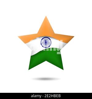 India flag icon in the shape of star. Waving in the wind. Abstract waving flag of india. Indian tricolor. Paper cut style. Vector symbol, icon, button Stock Vector