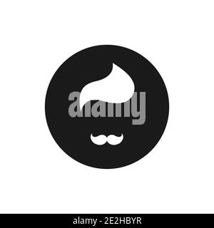 Silhouette of man's head with hair style and moustache in black circle. Gentleman black simple avatar. Isolated on white. Barber vector flat illustrat Stock Vector