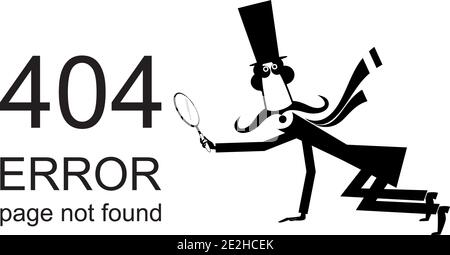 Error 404 page not found concept illustration, webpage banner. Mustache man in the top hat holding a loupe trying to find a lost page black on white Stock Vector