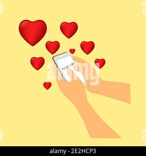 image graphics hand hold phone and type i love you with type i love you and symbol heart around phone concept valentines day Stock Vector