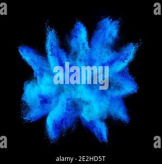 blue cyan holi paint color powder explosion isolated on dark black background. industry beautiful party festival concept Stock Photo