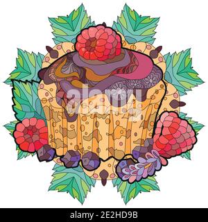 Vector cupcake with chocolate and raspberry with abstract ornaments. Hand drawn illustration for t-shirt in zentangle, doodle style. Stock Vector