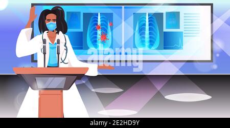 female doctor in mask giving speech at tribune with microphone fight against coronavirus medical conference concept portrait horizontal vector illustration Stock Vector