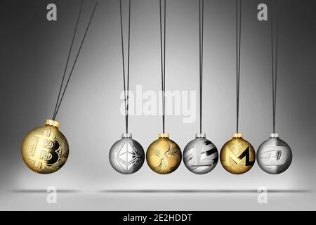 crypto currency spherical pendulum with Altcoins. Bitcoin dominance momentum exchange cryptocurrency  blockchain market concept on gray white and dark Stock Photo