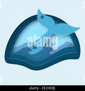 Vector illustration in cut paper style with sea waves and whale tail. Background for world ocean day Stock Vector