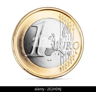 perfect new silver golden one euro coin from europe isolated on white background. european currency business financial concept Stock Photo