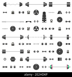 Big set of 3D sports equipment items. Elements design for gym and fitness room. Front view, vector illustration. Stock Vector