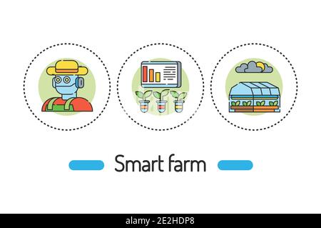 Smart farm outline concept. Plant and animal management line color icons. Pictograms for web page, mobile app, promo Stock Vector