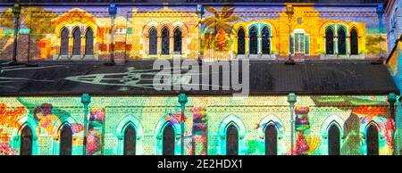 Christmas lights projected on to the side facade of St Georges Cathedral Perth Western Australia. Stock Photo