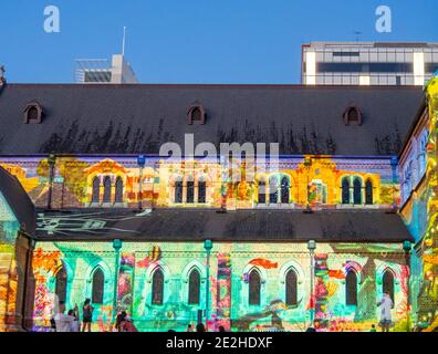 Christmas lights projected on to the side facade of St Georges Cathedral Perth Western Australia. Stock Photo