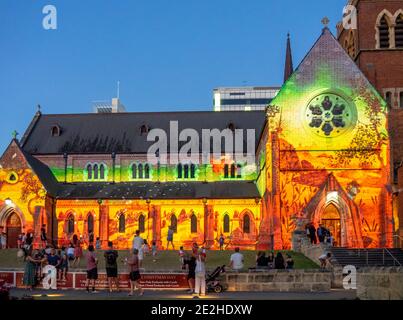 Christmas lights projected on to the side facade of St Georges Cathedral Perth Western Australia. Stock Photo