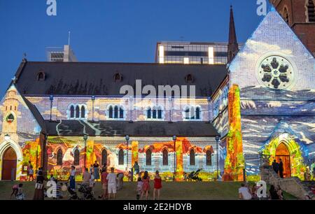 Christmas lights projected on to the side facade of St Georges Cathedral Perth Western Australia. Stock Photo