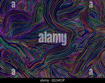 Bright colorful design background with many abstract multicolored tangled lines, isolated on dark. Psychedelic texture for design. Vector hand drawn i Stock Vector