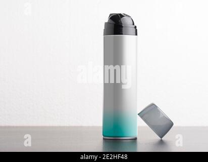 Can for shaving foam or gel isolated on white background, editable mock-up series template ready for your design, label selection path included. Stock Photo