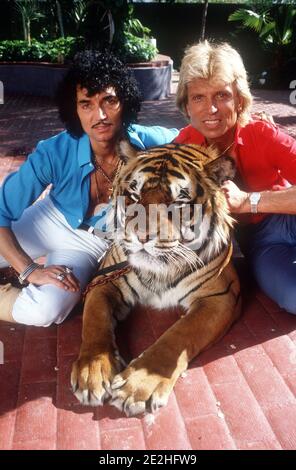 FILED - 30 November 1980, US, Las Vegas: German magicians and tamers Siegfried Fischbacher (r) and Uwe Horn, alias Roy (l) with one of their tigers on their estate. The 'Siegfried & Roy' magician Siegfried Fischbacher is dead. The Rosenheim native died on Jan. 13, 2021, at the age of 81, his sister confirmed to the German Press Agency on Jan. 14, 2021. Photo: Horst Ossinger/dpa Stock Photo