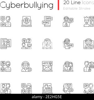 Cyberbullying linear icons set Stock Vector