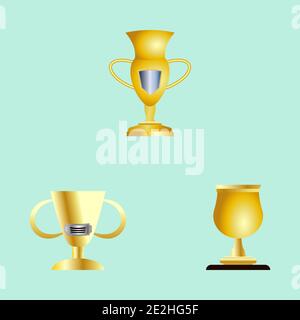 Gold Winners cup. Set of different golden trophy bowls. Vector illustration isolated on blue Stock Vector