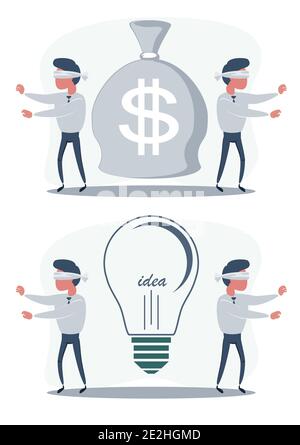 Cartoon blind businessmen can not find money or idea lying on the ground. Search for opportunities. Vector flat illustration. Stock Vector