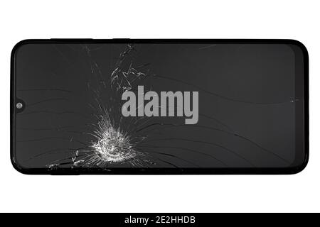 Smartphone with broken display screen, isolated on white background Stock Photo