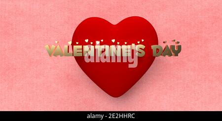 Valentines day concept in 3D rendering. A bold red heart on pink textured background with the message VALENTINE'S DAY in shiny golden letters Stock Photo