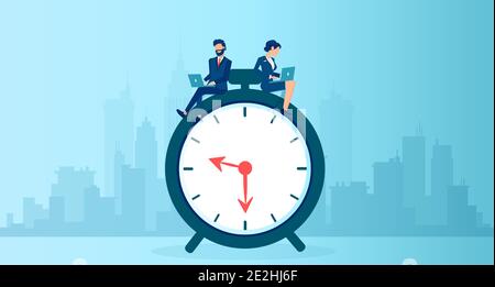 Vector of a businessman and businesswoman using  laptop sitting on a clock working long hours Stock Vector