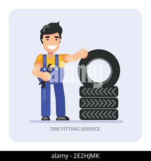 Car tire fitting service concept, man worker and stack of car wheels, tyre change station, vector Stock Vector