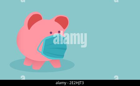 Vector of a piggy bank wearing face mask isolated on blue background. Stock Vector