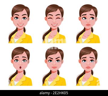 Face expressions of cute woman in yellow blouse. Different female emotions set. Beautiful cartoon character. Vector illustration isolated on white bac Stock Vector