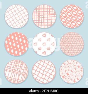 Nine pink white round patterned tapes for scrapbooking, Valentines day theme. Lines, squares, hearts, different shaped patterns Stock Vector