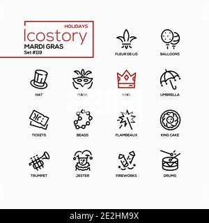 Mardi Gras - modern line design style icons set. Fat Tuesday holiday signs, traditions idea. Fleur de lis, balloons, umbrella, tickets, beads, flambea Stock Vector